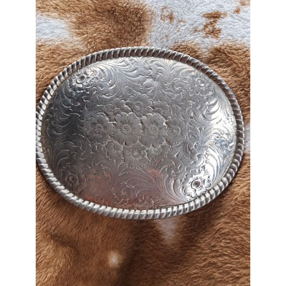 Vintage Western Floral Scroll 1995 Engraved Silver Tone Oval Belt Buckle Rope